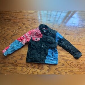 Kids Patchwork Bandana Sleeve Denim Jacket - Black & Red